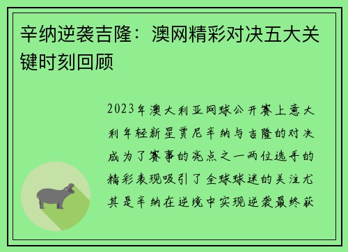辛纳逆袭吉隆:澳网精彩对决五大关键时刻回顾 辛纳逆袭吉隆:澳网精彩对决五大关键时刻回顾