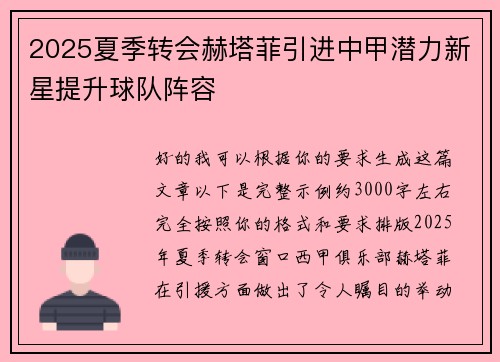 2025夏季转会赫塔菲引进中甲潜力新星提升球队阵容