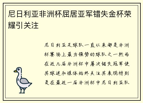 尼日利亚非洲杯屈居亚军错失金杯荣耀引关注